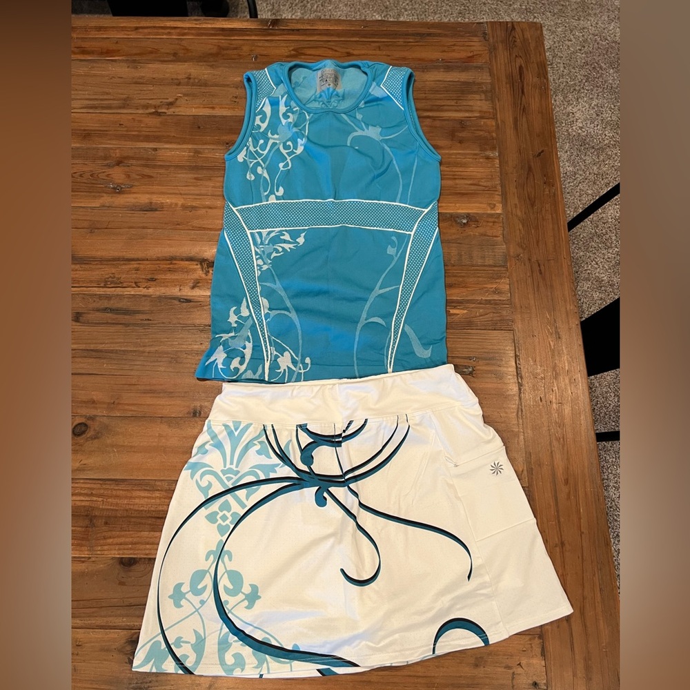 Athleta Blue and White Tank and Skort (Small)